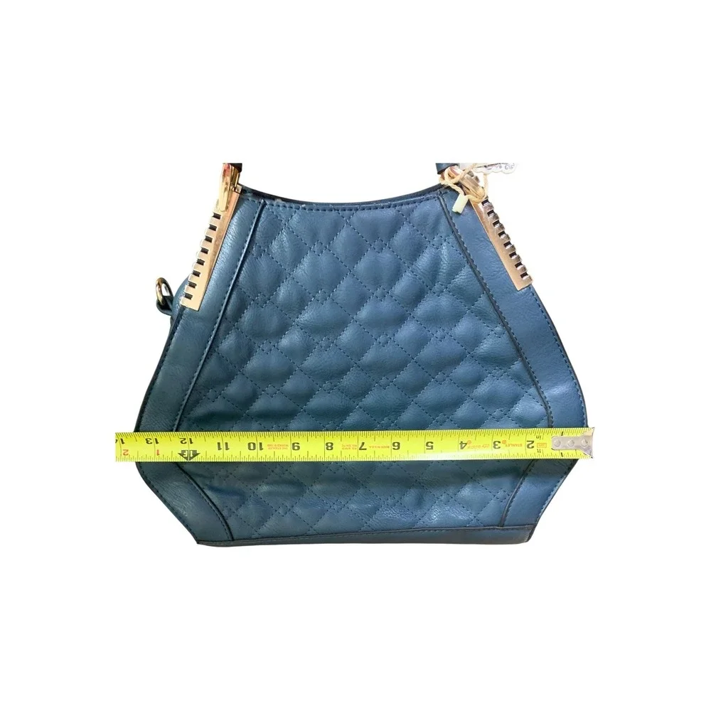 Alyssa Vegan Faux Leather Quilted Satchel Handbag Blue Gold Hardware